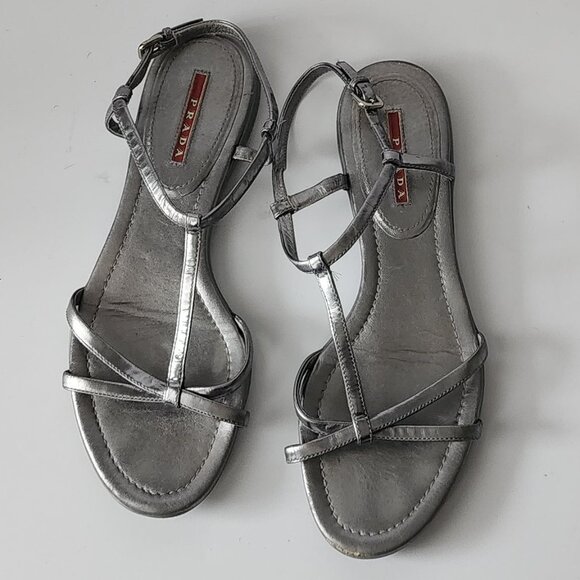 Prada Silver Metallic Leather Sandals - Picture 2 of 6